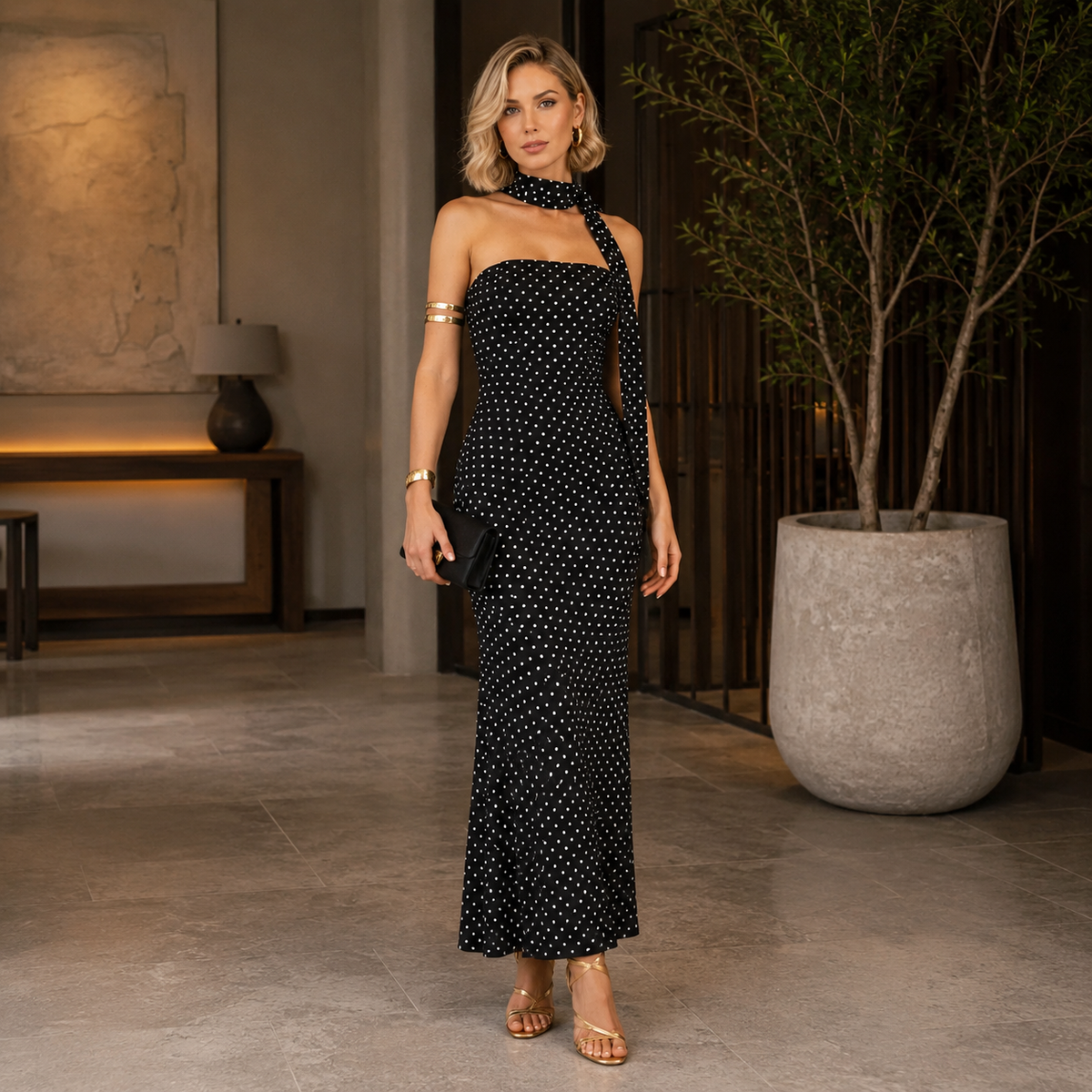 Vestido negro puntos con banda